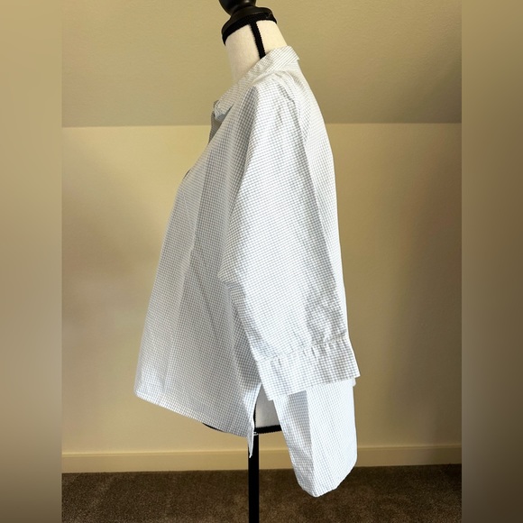 COS Women’s 3/4 Sleeve 1/4 Button Up Blue White Grid Print High Low Hem Size 6 - Picture 2 of 9